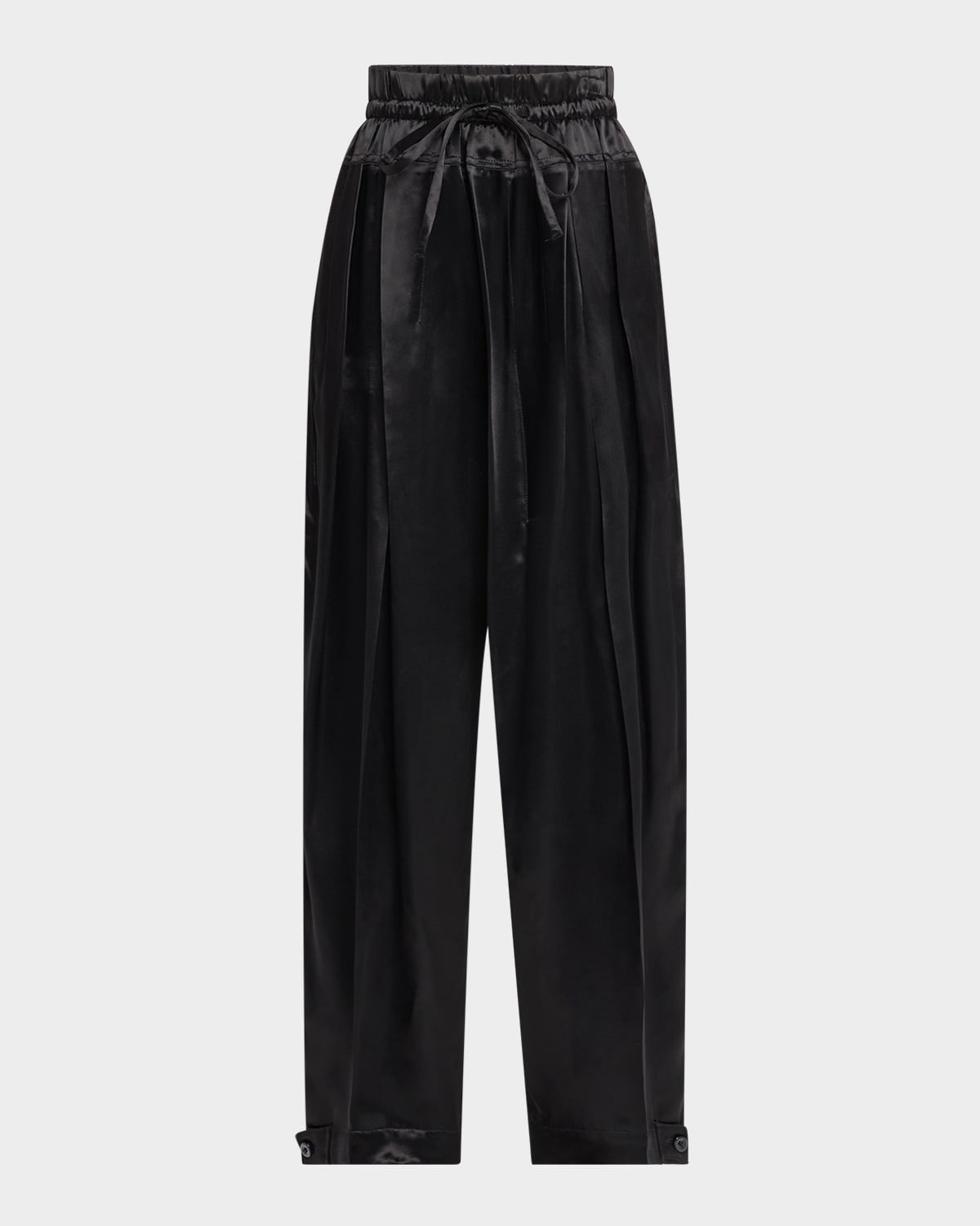 Pleated Satin Wide-Leg Drawstring Trousers