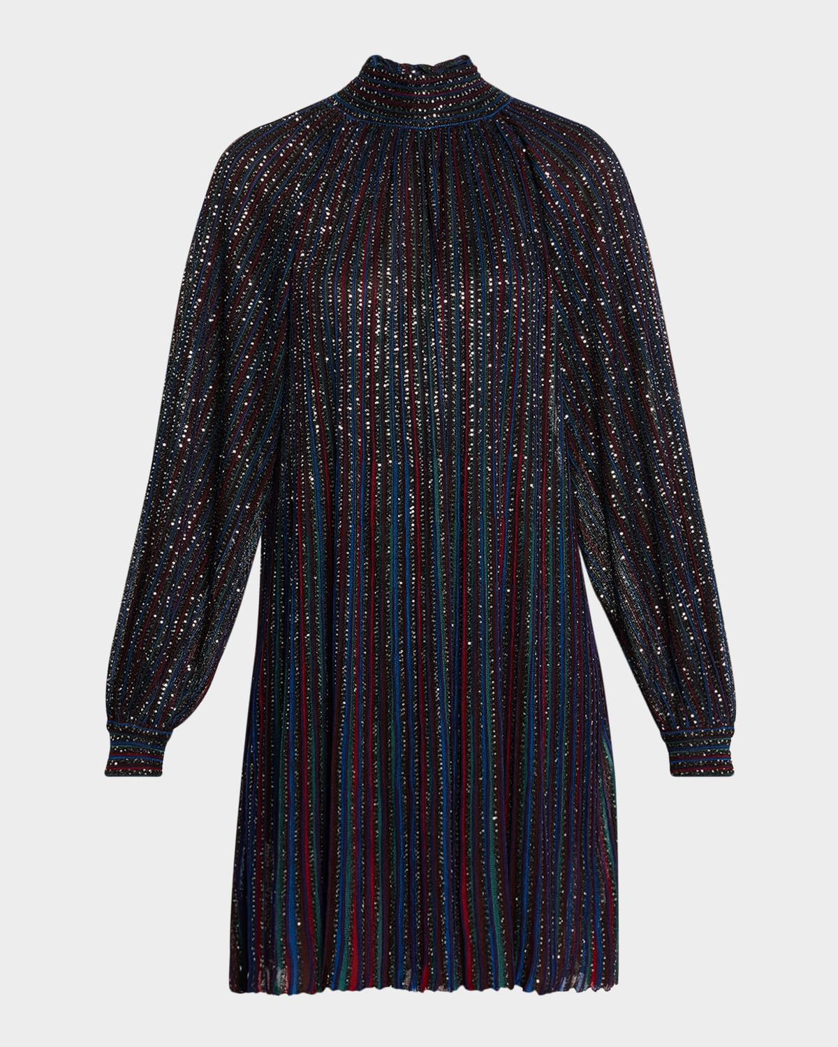 Paillette Striped Long-Sleeve Mini Dress