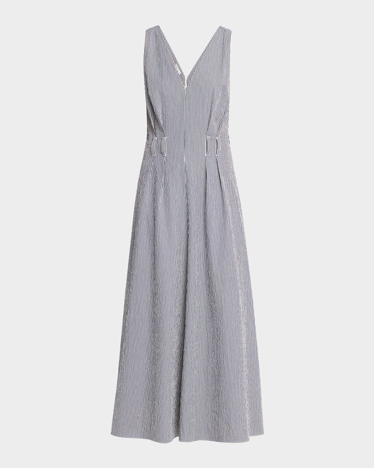 V-Neck Seersucker Cotton Sleeveless Midi Dress