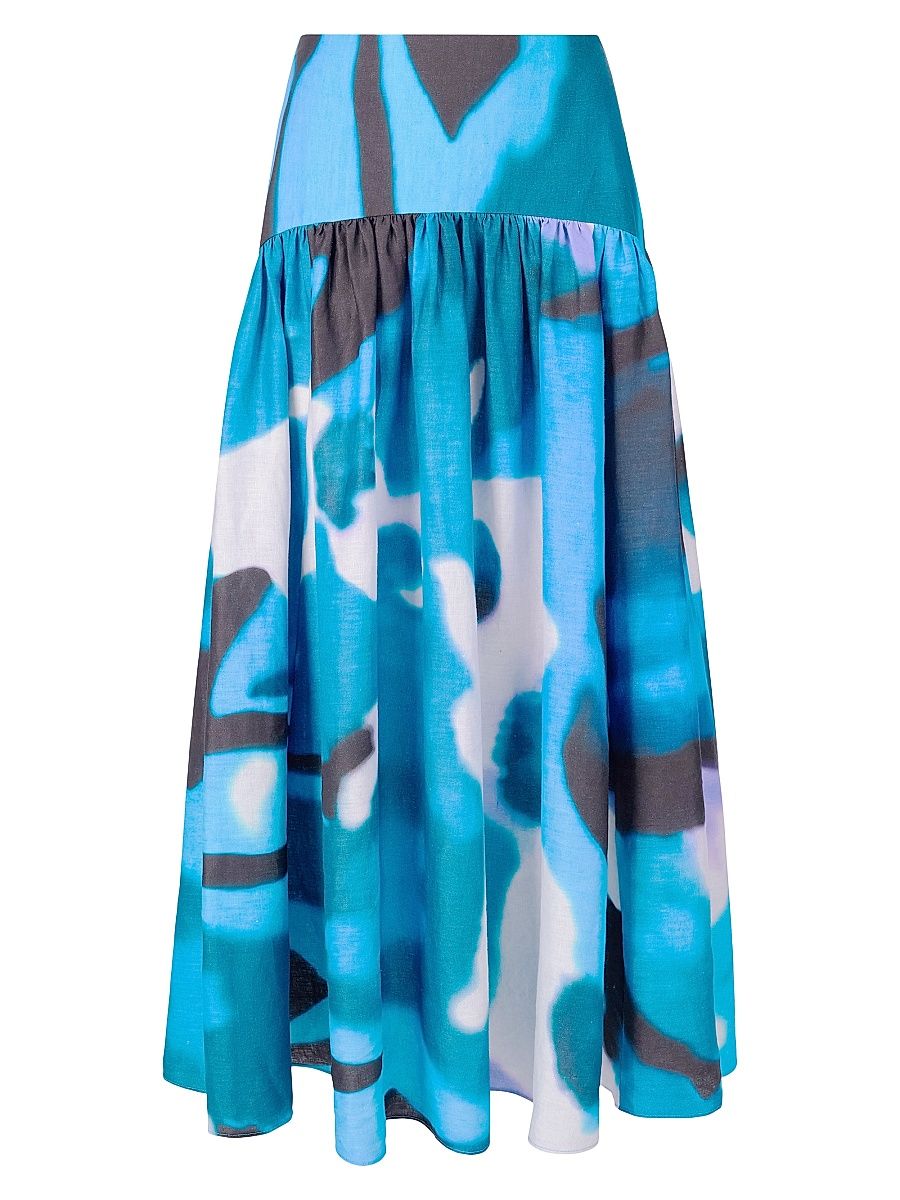 Women's Procida Printed Linen Maxi Skirt - Blue Haze - Size 14