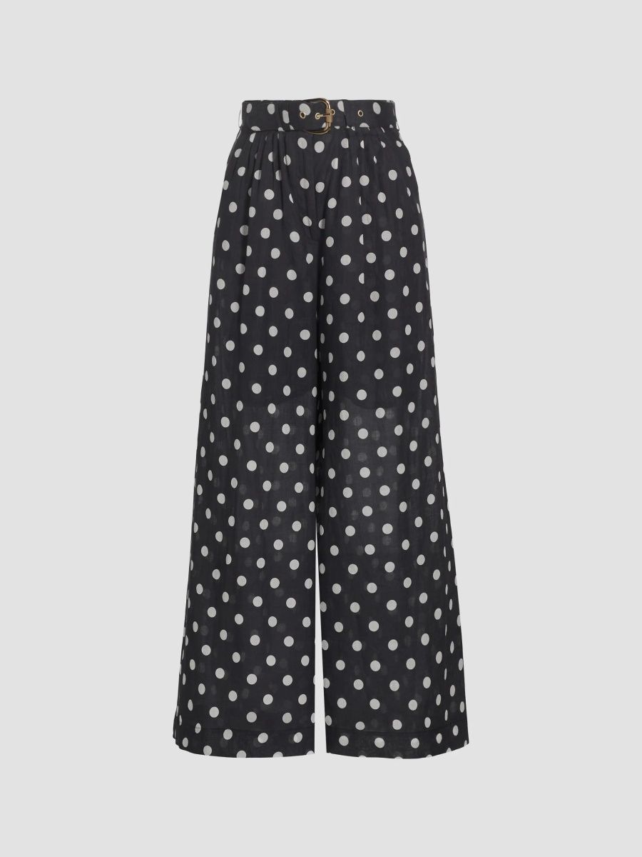 Zimmermann Women's Tuck Belted Polka Dot Wide-Leg Pant - Black Cream Dot - Size 2