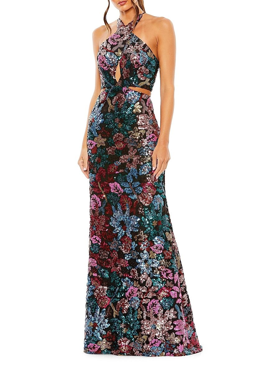 Women's Floral Sequined Cut-Out Halter Gown - Black Multi - Size 8