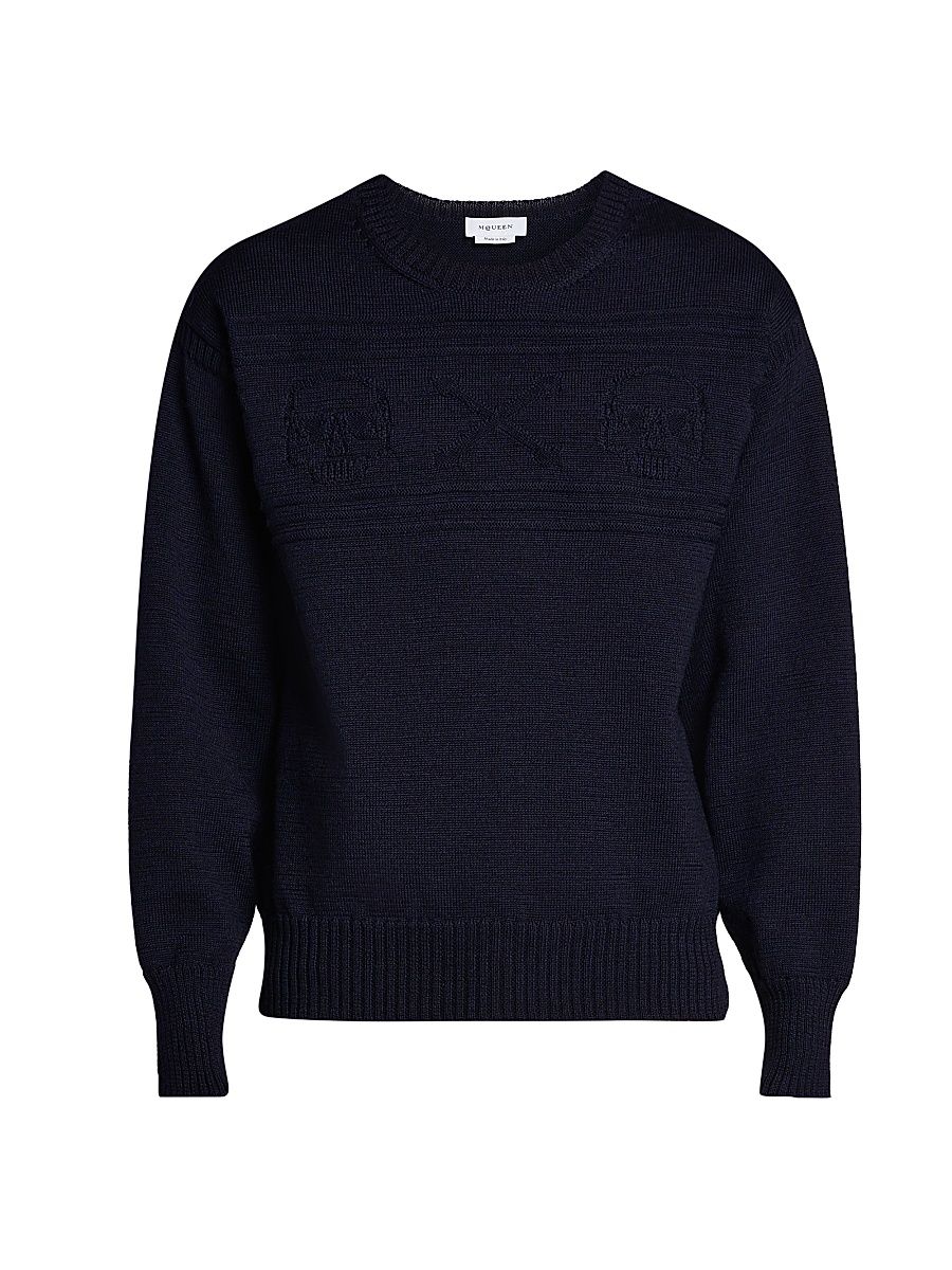 Men's Skull Wool Crewneck Sweater - Indigo Blue - Size 46