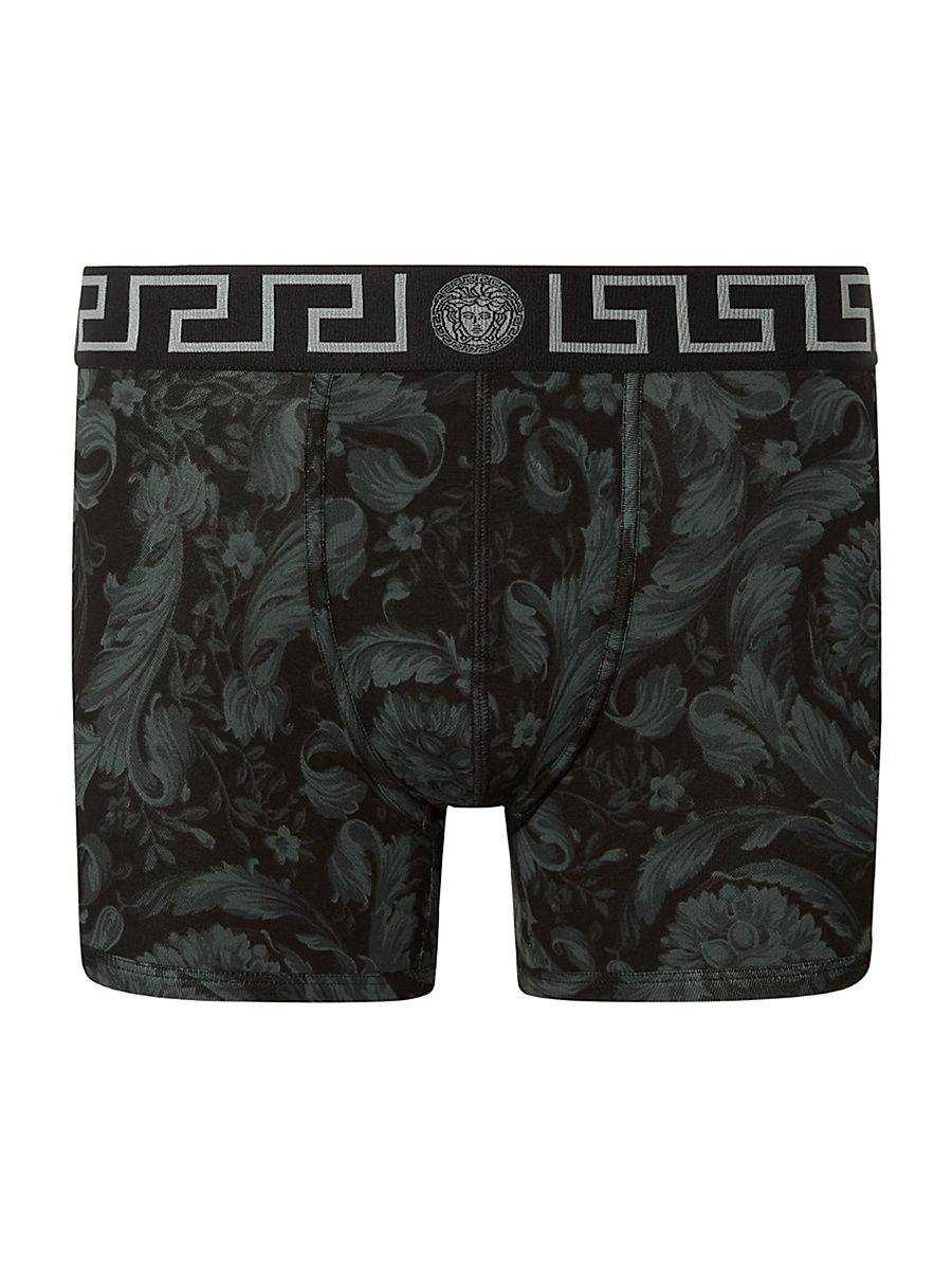 Men's Barocco-Print Cotton-Stretch Boxer Briefs - Black Grey - Size Large