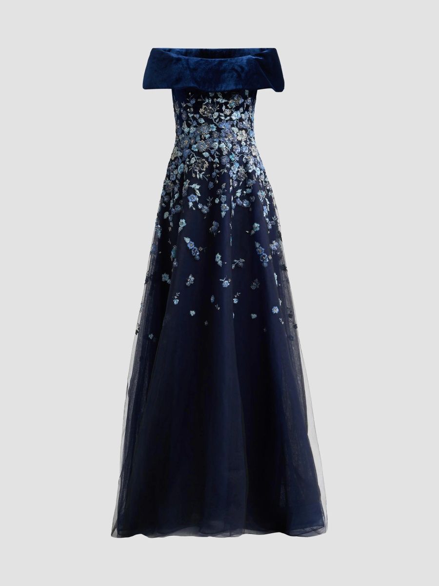 Teri Jon by Rickie Freeman Women's Velvet & Floral-Embroidered Tulle Off-The-ShoulderGown - Sapphire Multi - Size 18