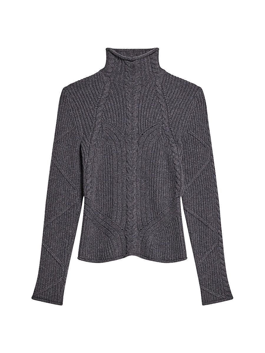 Women's Cable-Knit Wool-Blend Sweater - Charcoal - Size Large