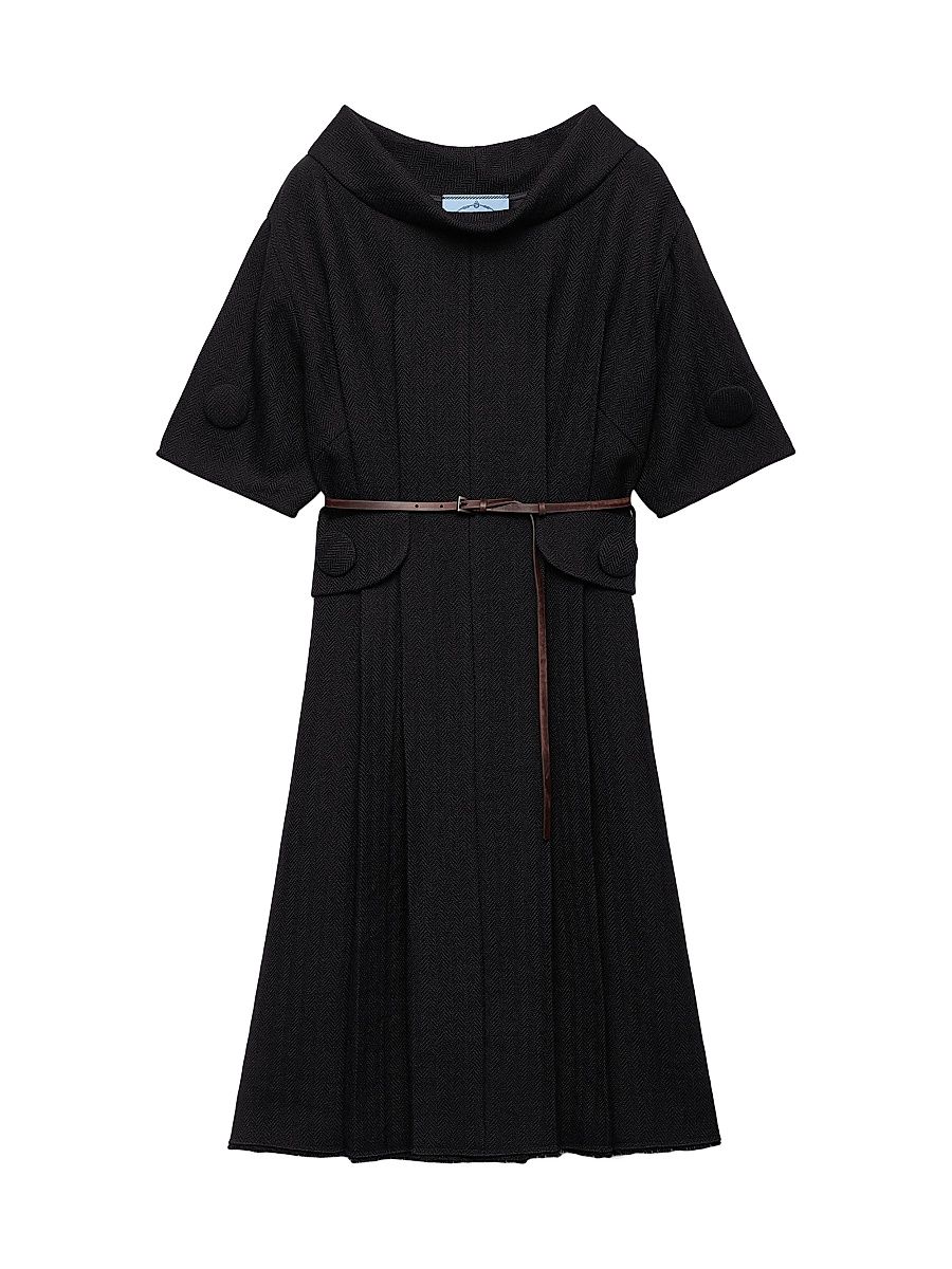 Women's Short Sleeve Chevron Wool Dress with Belt - Black - Size 2