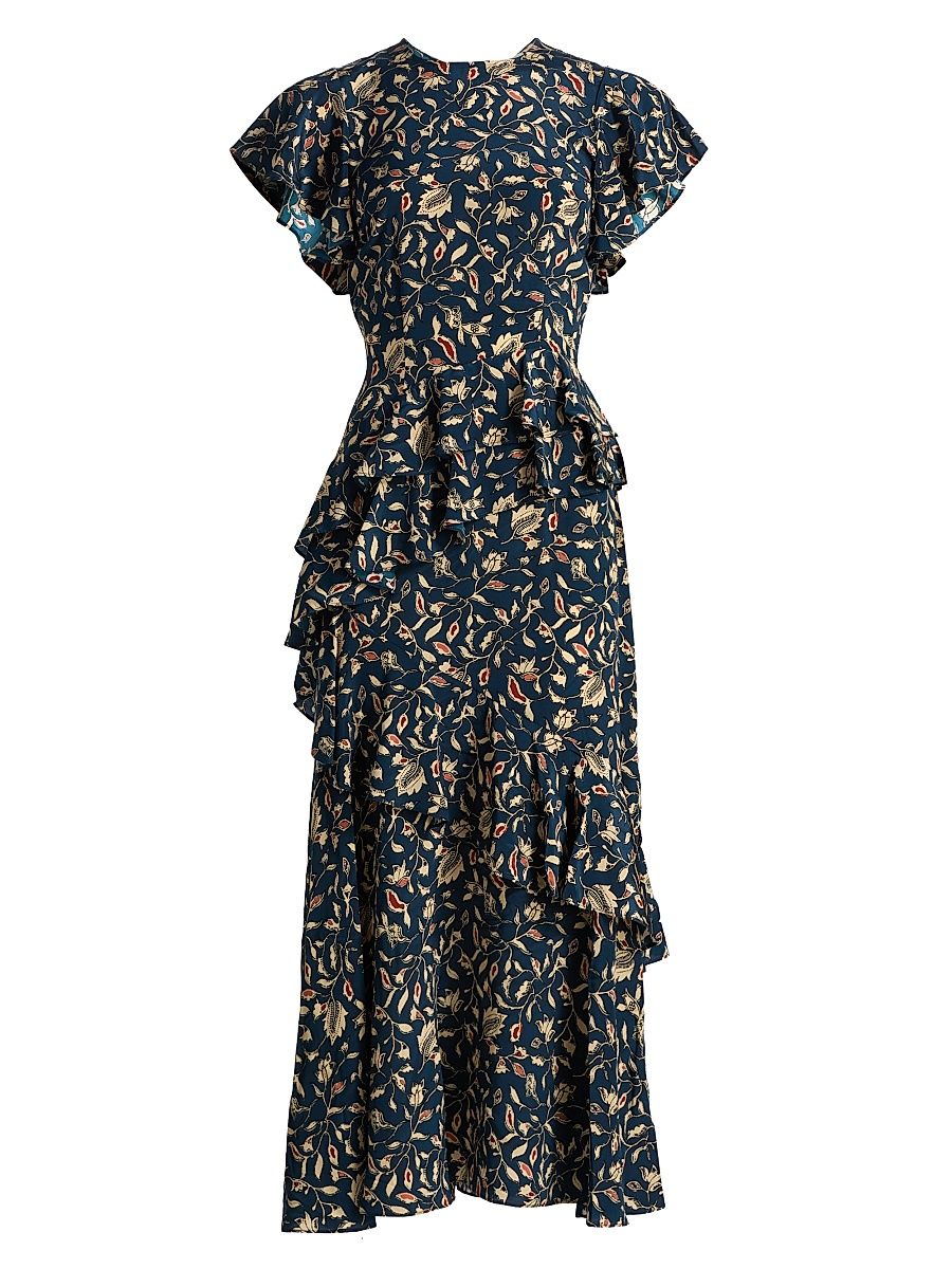 Women's Amaia Printed Ruffled Midi-Dress - Midnight Garden - Size 12