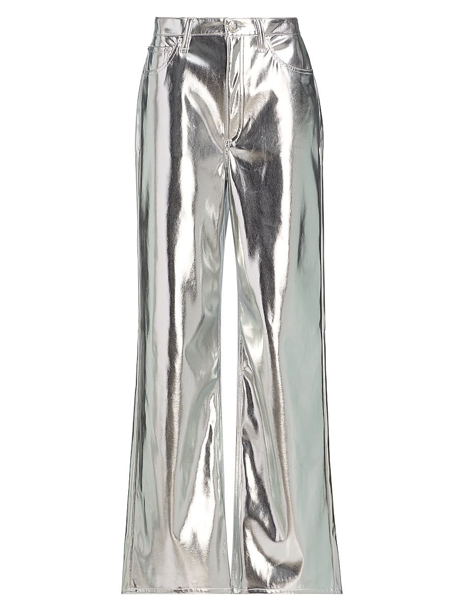Women's Logan Metallic Faux Leather High-Rise Wide-Leg Pants - Silver - Size 29