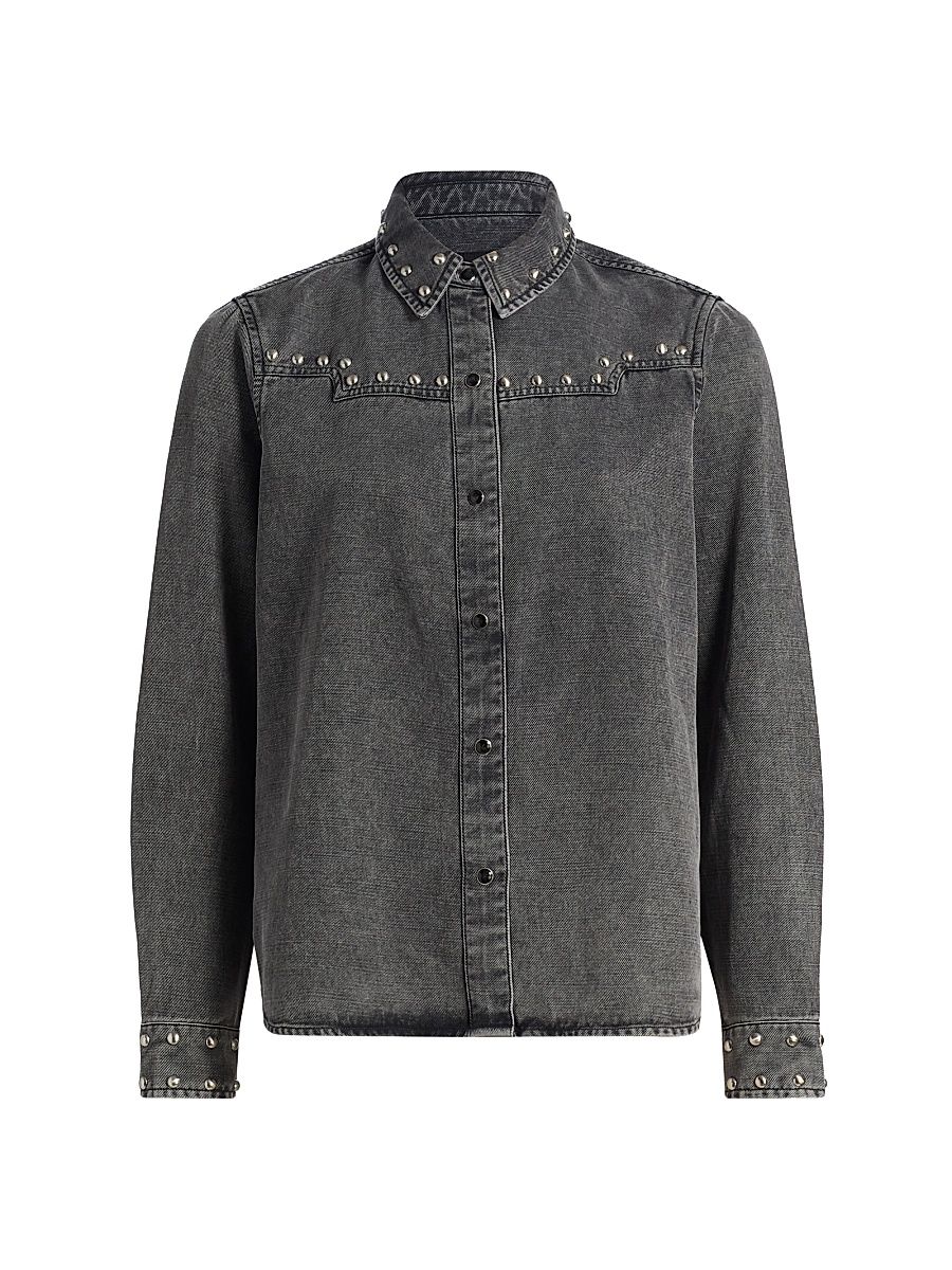 Women's Vinea Studded Point-Collar Denim Shirt - Black - Size XL