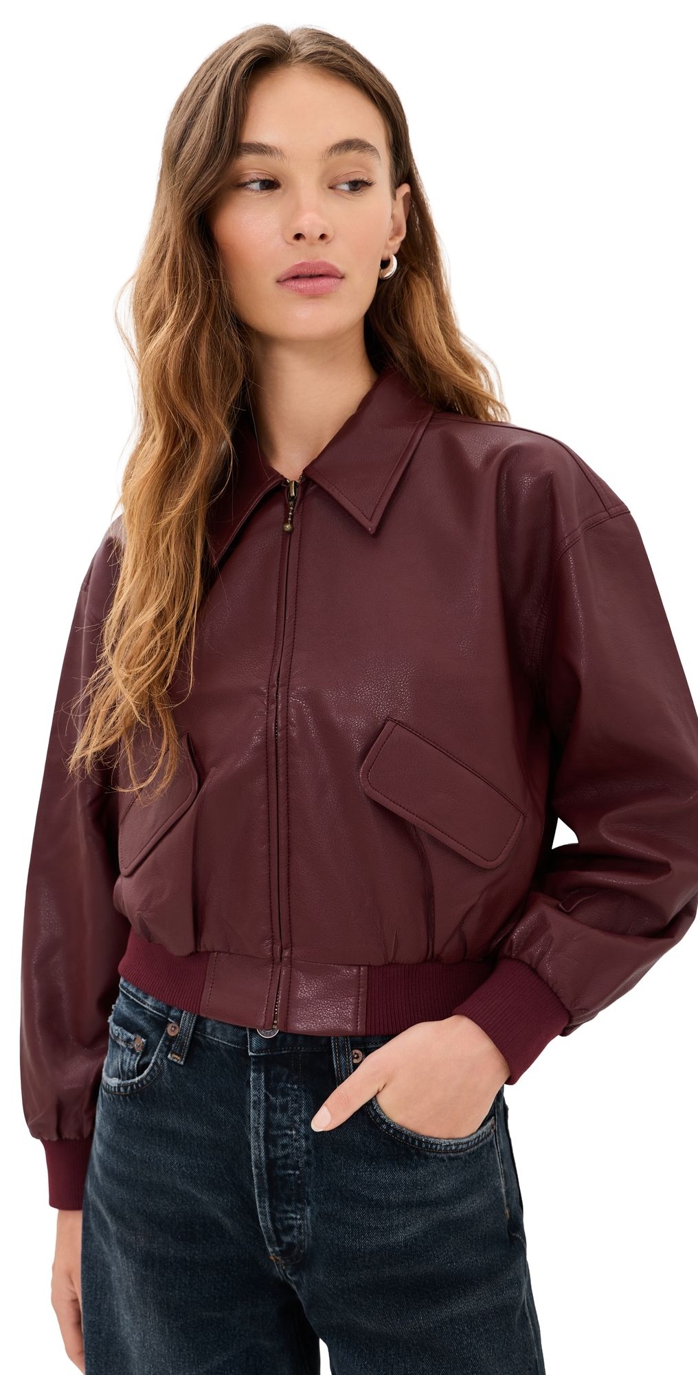 Good American The Better Than Leather Cropped Bomber Jacket Berry Noir XL