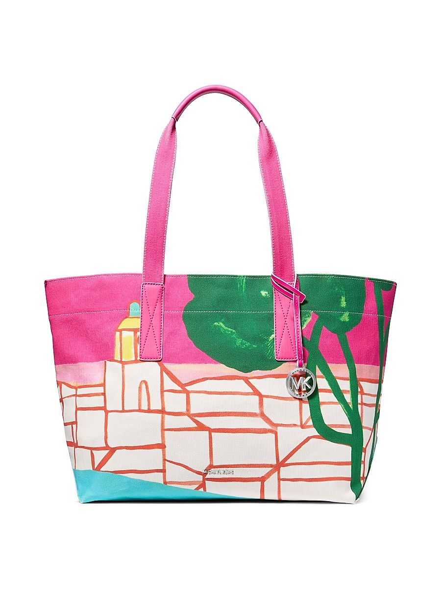 Women's Large Printed Cotton Tote Bag - Raspberry Multi