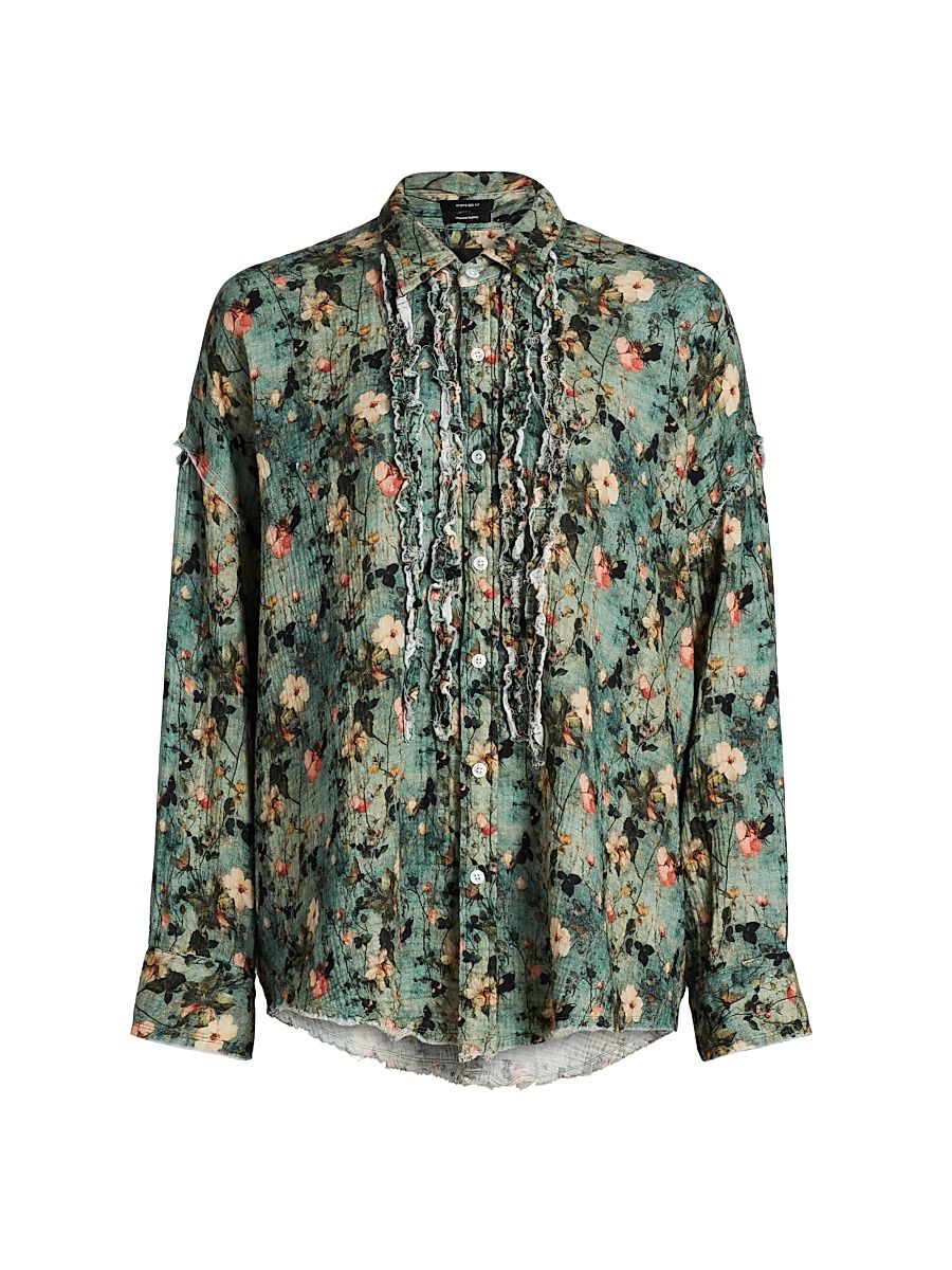 Women's Floral Ruffled Cotton Button-Front Shirt - Turquoise Floral - Size Large