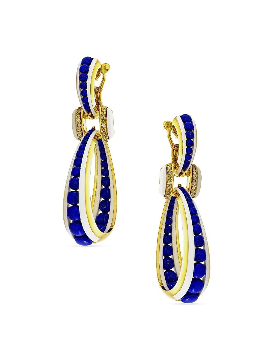 Women's Cabouchon 18K Yellow Gold, Brown Diamond & Lapis Lazuli Drop Earrings - Yellow Gold