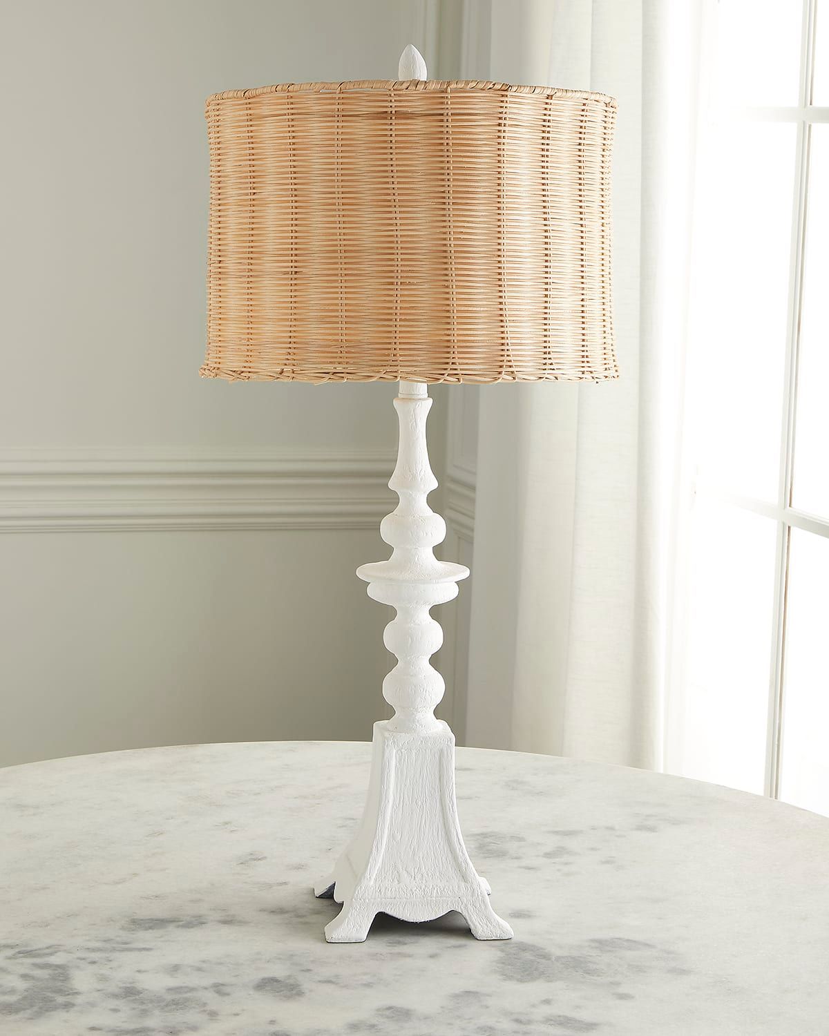 Penny White Gesso Table Lamp With Natural Rattan