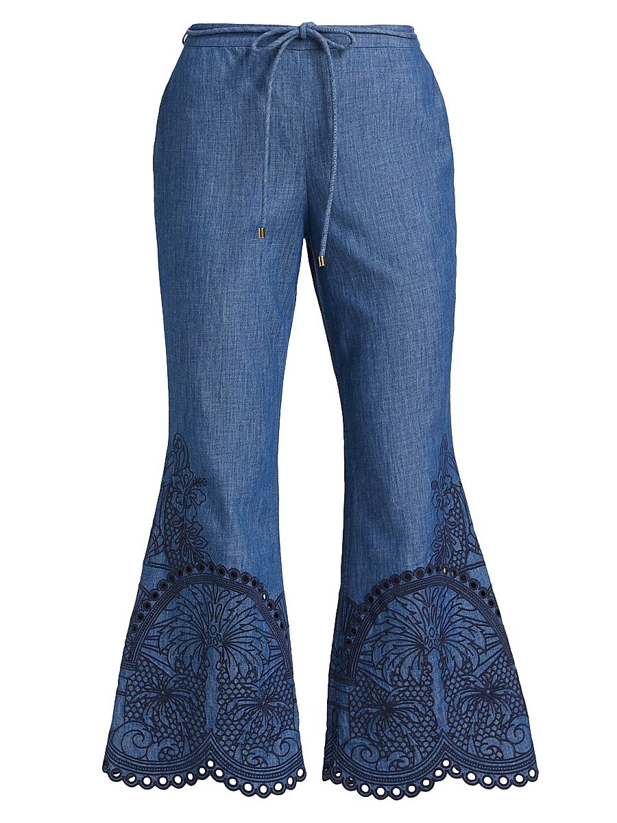 Women's Coco Embroidered Cotton Flared Pants - Railway Blue - Size 10