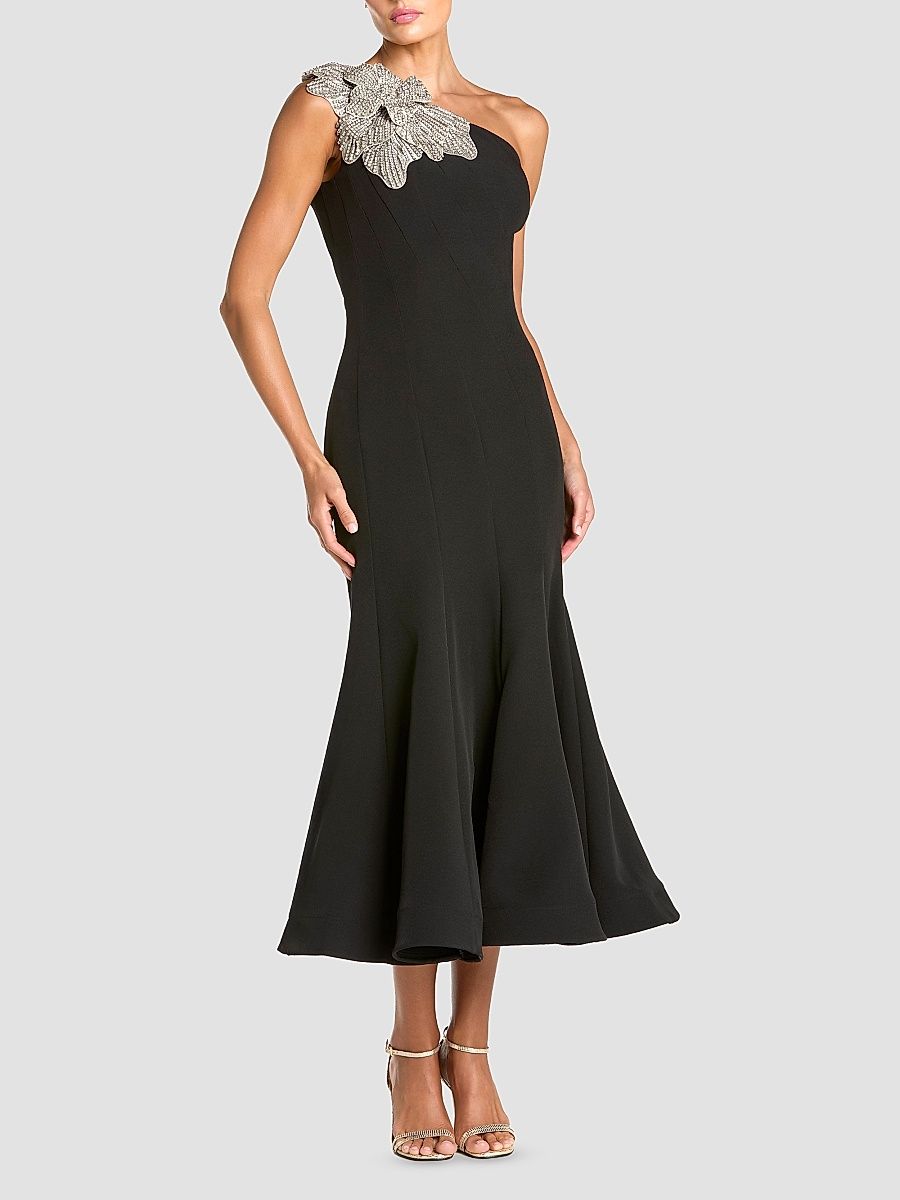 Women's Petite One-Shoulder Mermaid Crepe Midi Dress - Black - Size Petite 12