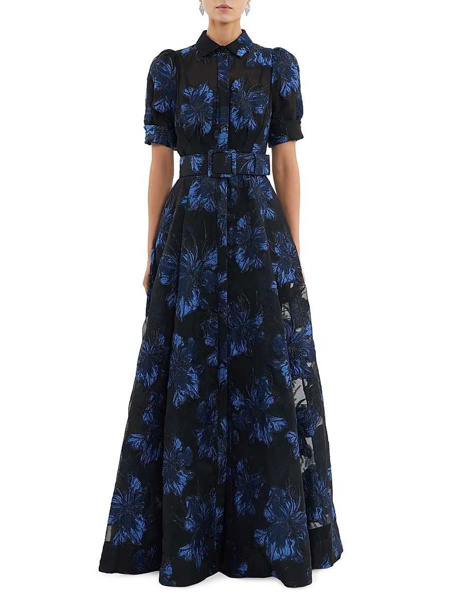 Women's Alexandra Floral Brocade Shirt Gown - Navy - Size 8