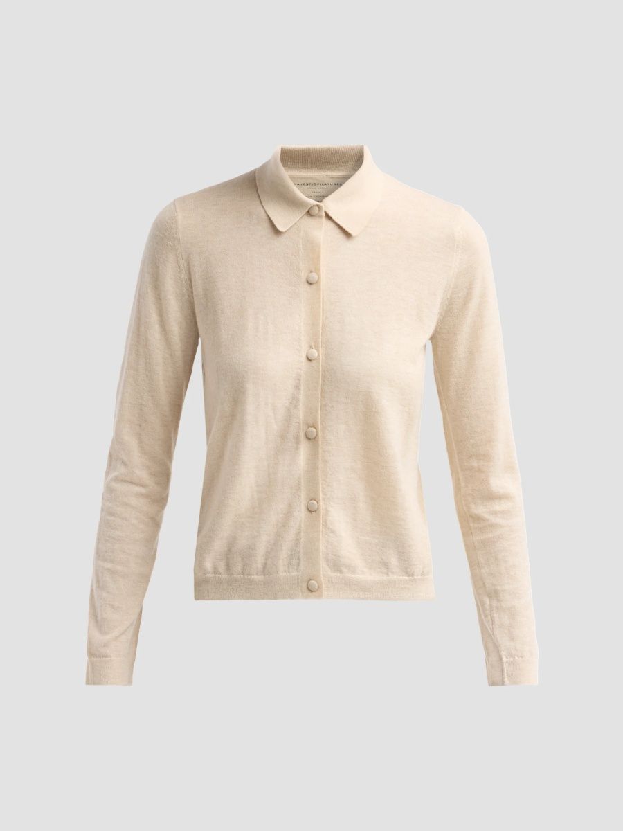 Majestic Filatures Women's Extrafine Cashmere Long-Sleeve Polo Shirt - Ecru Chine - Size Large