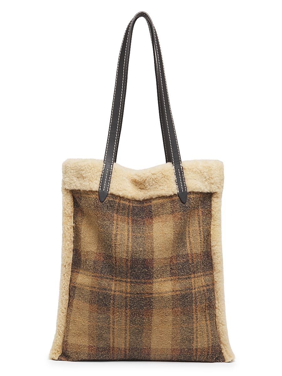 Women's Slim Shearling-Trim Plaid Tote Bag - Brown