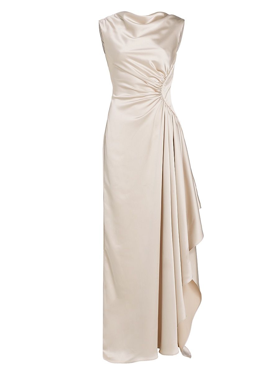 Women's Half Moon Asymmetric Satin Gown - Champagne - Size 10