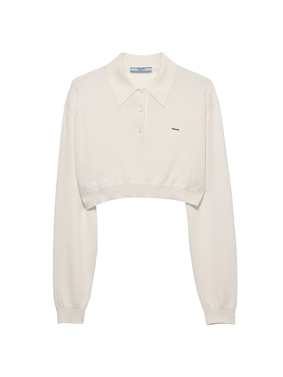 Women's Cropped Cashmere Polo Shirt - White - Size 10