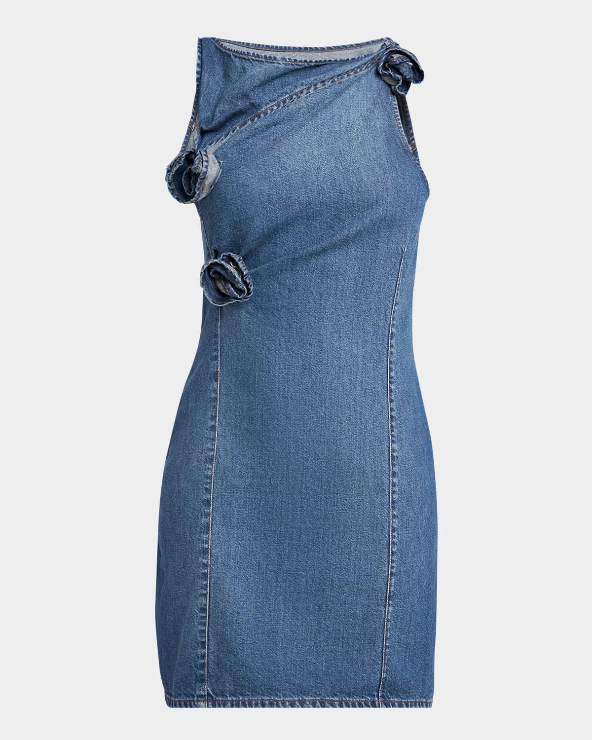 Denim Asymmetric Flower Mini Dress