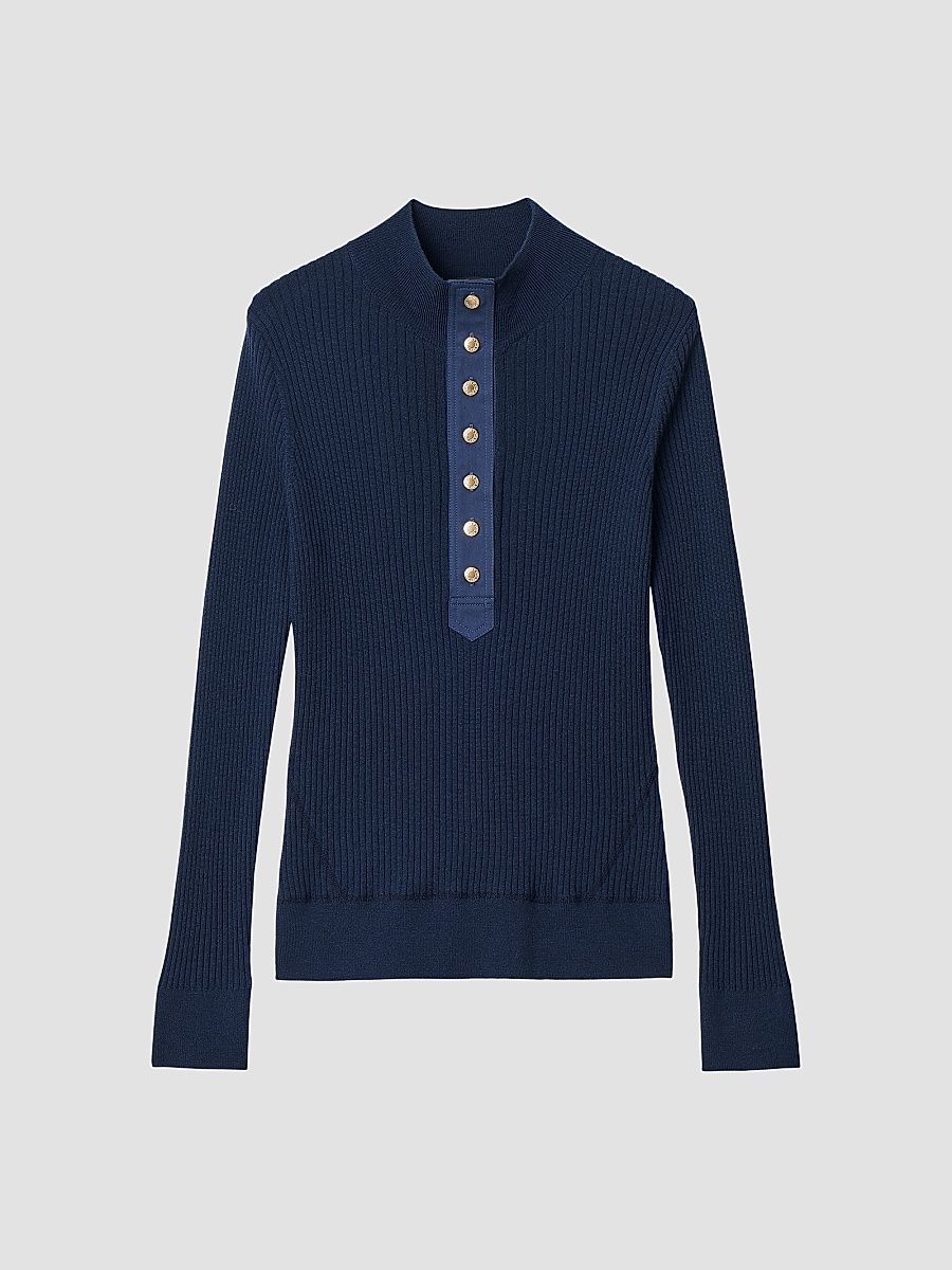 Women's Lucy Rib-Knit Wool Henley - Navy - Size XL