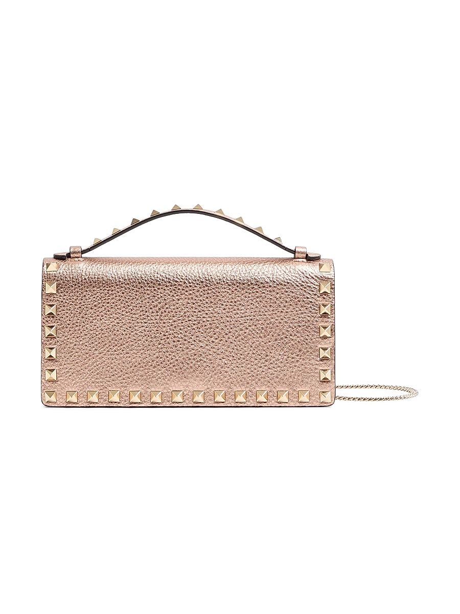 Women's Rockstud Laminated Grainy Calfskin Wallet with Chain - Rose Cannelle