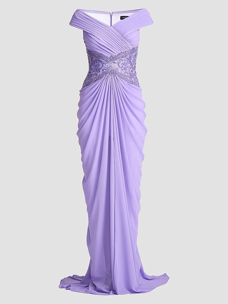 Women's Pleated Chiffon & Metallic Lace Gown - Lavender Mist - Size 16