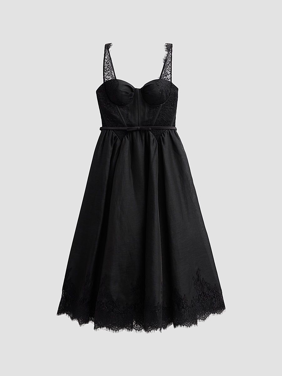 Women's Valiant Linen-Silk Lace-Trim Midi Dress - Black - Size 4