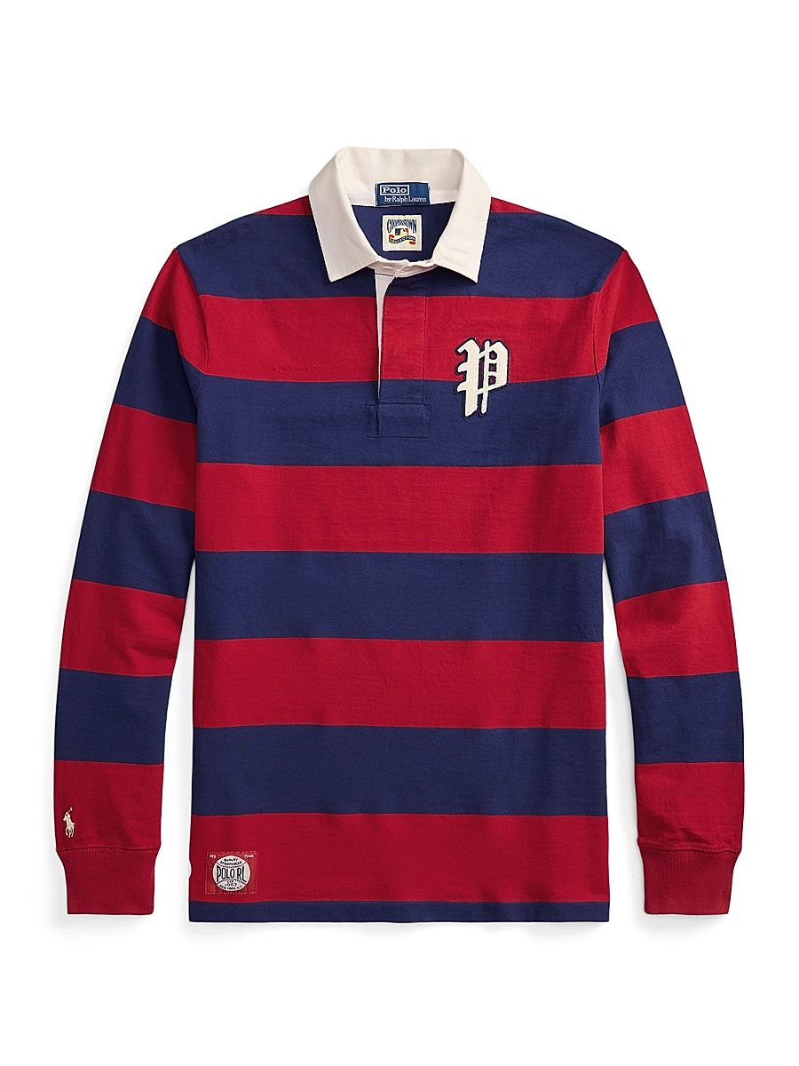 Men's Phillies Rugby Striped Long-Sleeve Polo Shirt - Ralph Red Dark Cobalt - Size XXL
