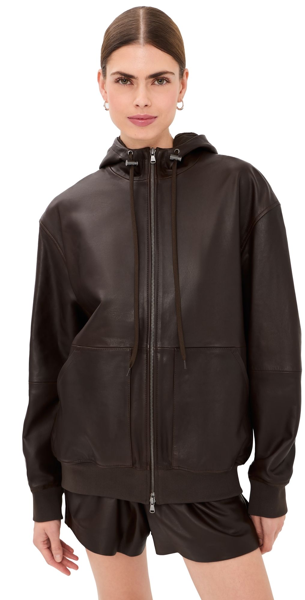 Tibi Leather Zip Up Hoodie Jacket Brown S