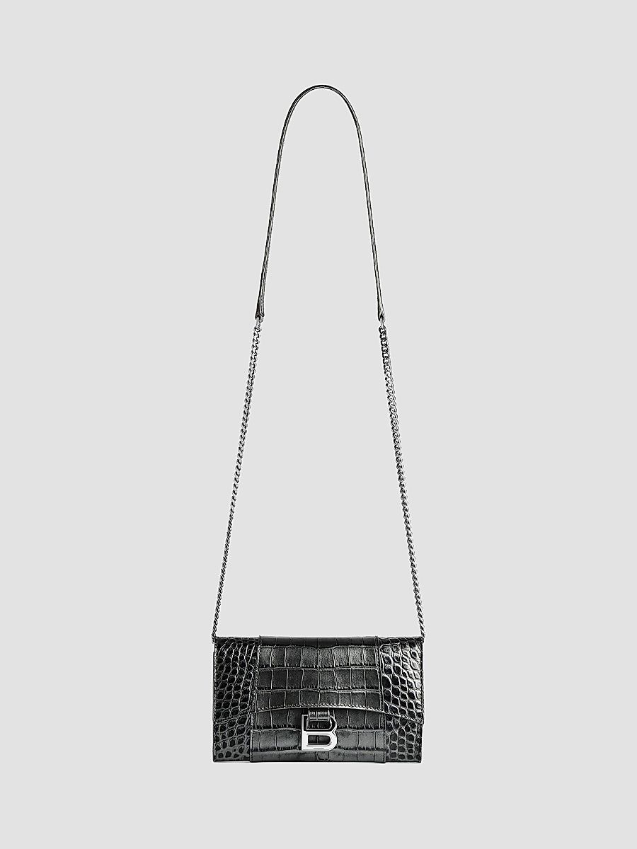 Balenciaga Women's Hourglass Metallized Crocodile Embossed Wallet on Chain - Gun Metal