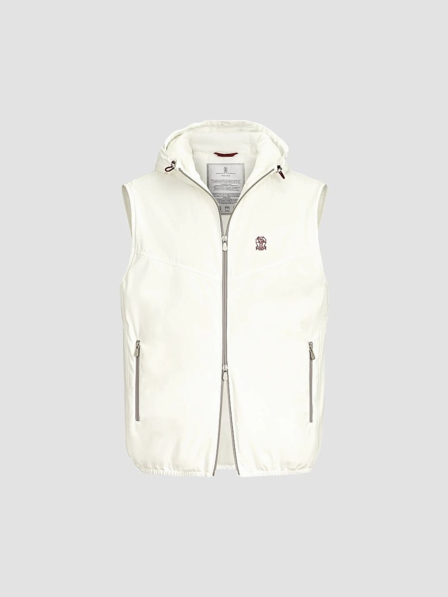 Brunello Cucinelli Men's Bonded Nylon Hooded Vest with Thermore Padding - Off White - Size XXXXL