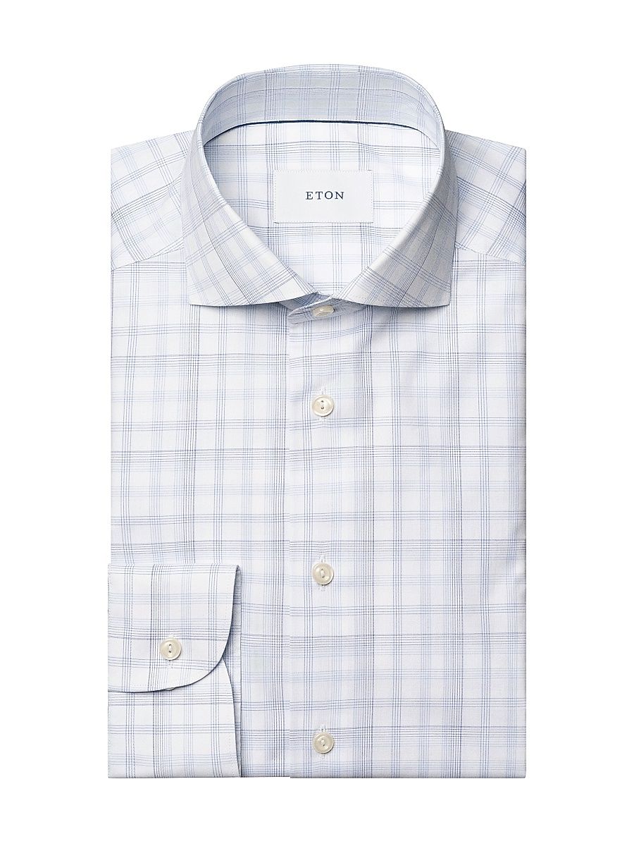 Men's Plaid Cotton Poplin Contemporary-Fit Shirt - Light Blue - Size 17