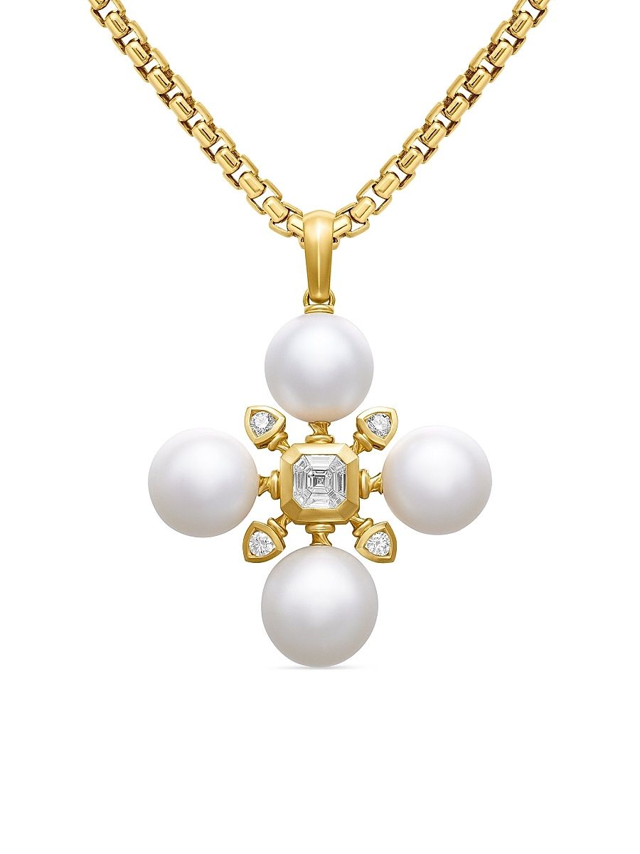 Women's Renaissance Pearl Pendant in 18K Yellow Gold with Pearls and Diamonds, 29.4mm - South Sea White Pearl