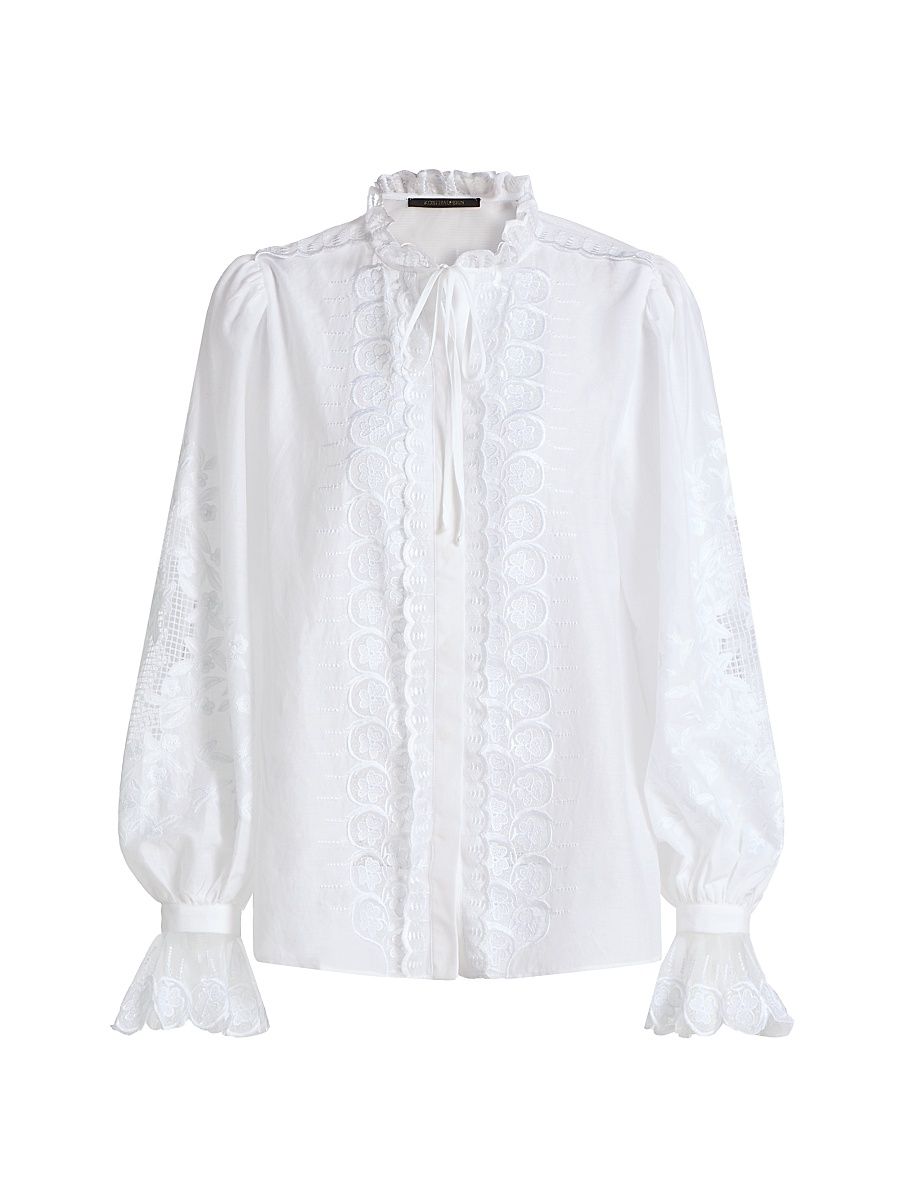 Women's Lacey Embroidered Cotton-Silk Blouse - White - Size XXL
