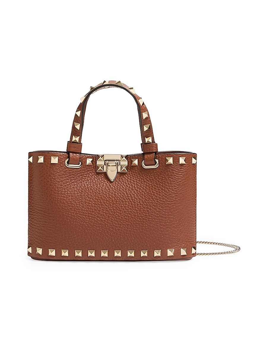 Women's Mini Rockstud Top Handle Bag in Grainy Calfskin - Saddle Brown
