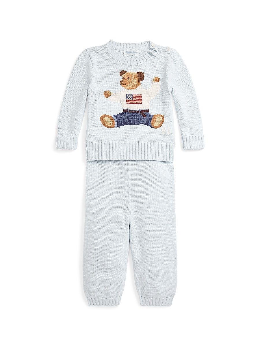 Baby's Flag Polo Bear Knit Set - Pearl Blue - Size 9 Months