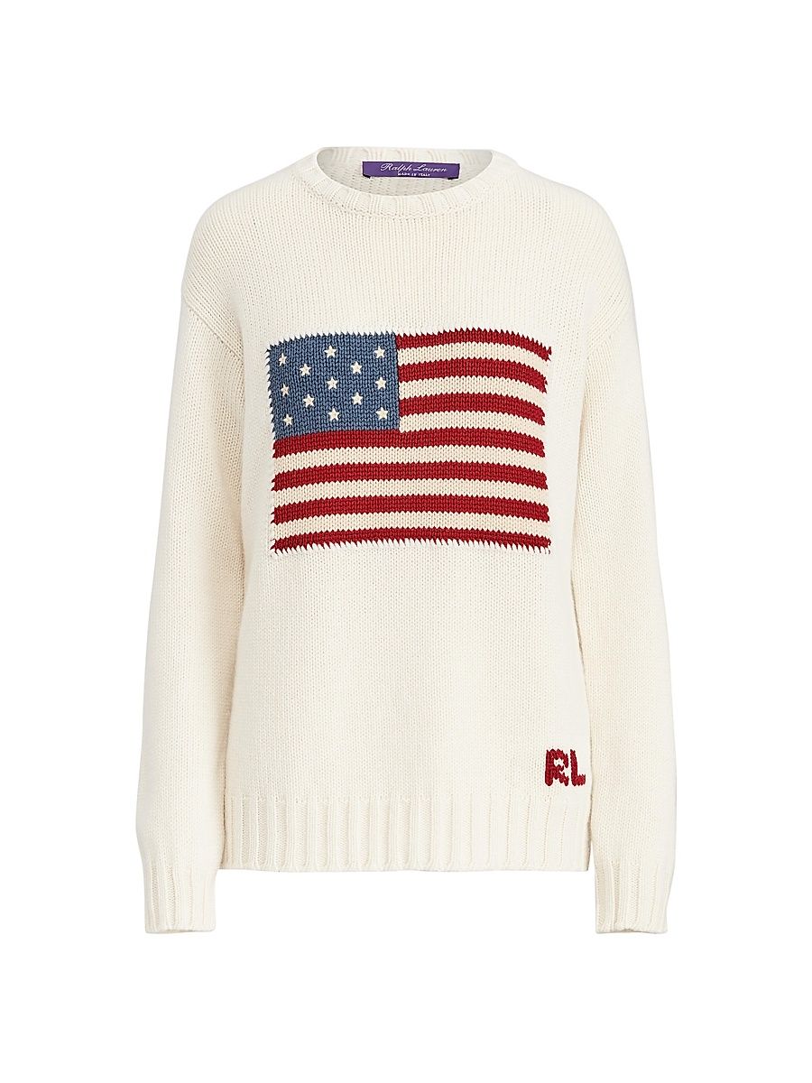 Women's American Flag Cashmere Sweater - Lux Cream - Size Large