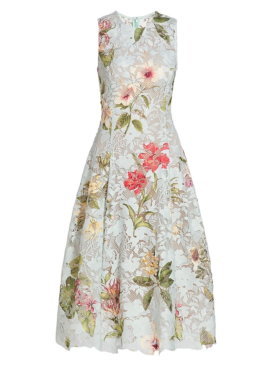 Women's Floral-Print Lace Midi-Dress - Salt Water Multi - Size 12