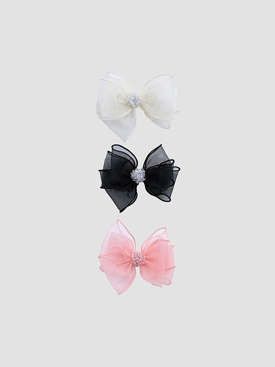 Girl's Crystal Accent Bow Hair Clip Set - Yellow Black Peach