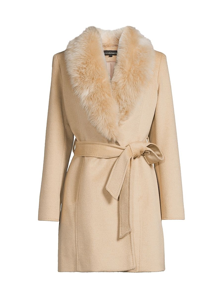 Women's Shearling Collar Wrap Coat - Beige - Size 6