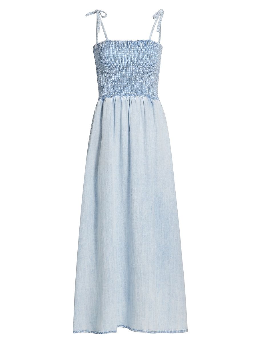 Women's Smocked Denim Tie-Strap Midi Dress - Bleached Indigo - Size XS