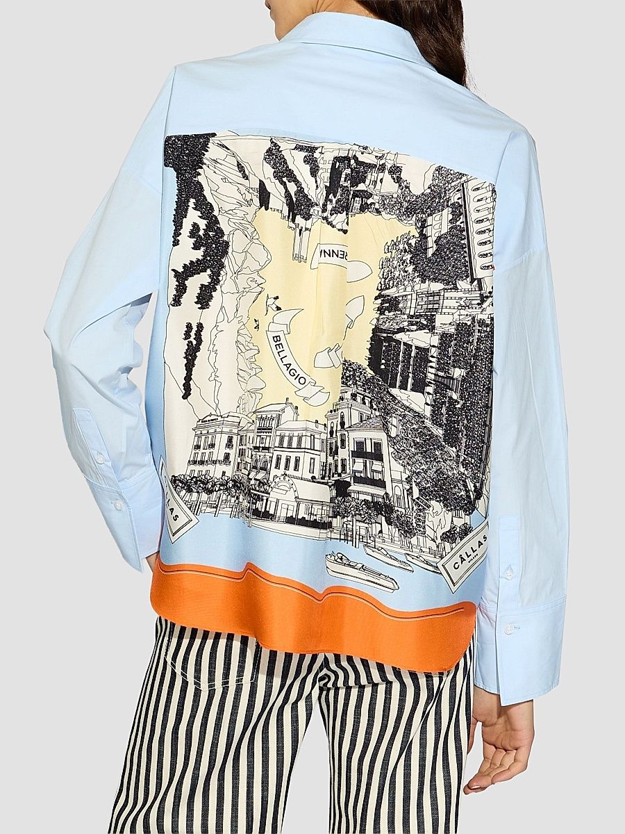 Women's Sirene Poplin Shirt with Silk Twill Lake Como Print Scarf Back - Pale Blue