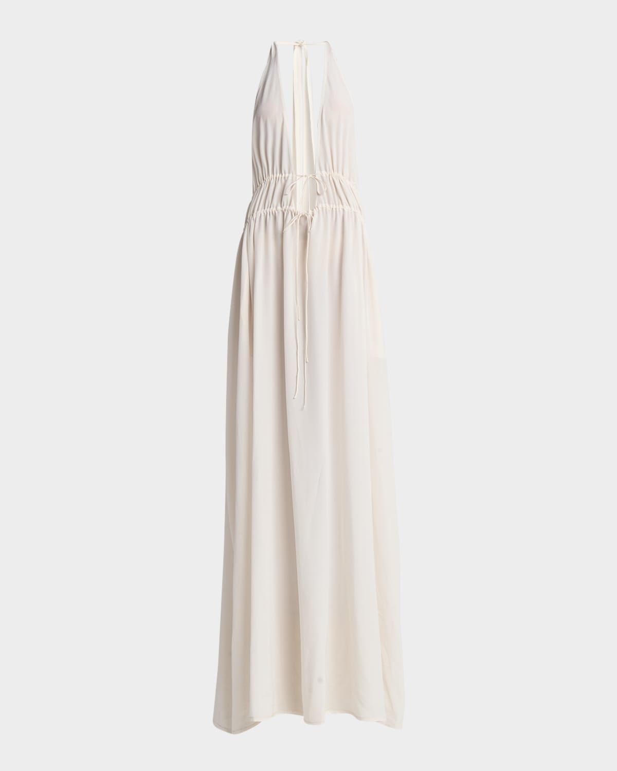Plunging Tie Halter Crepe De Chine Maxi Dress