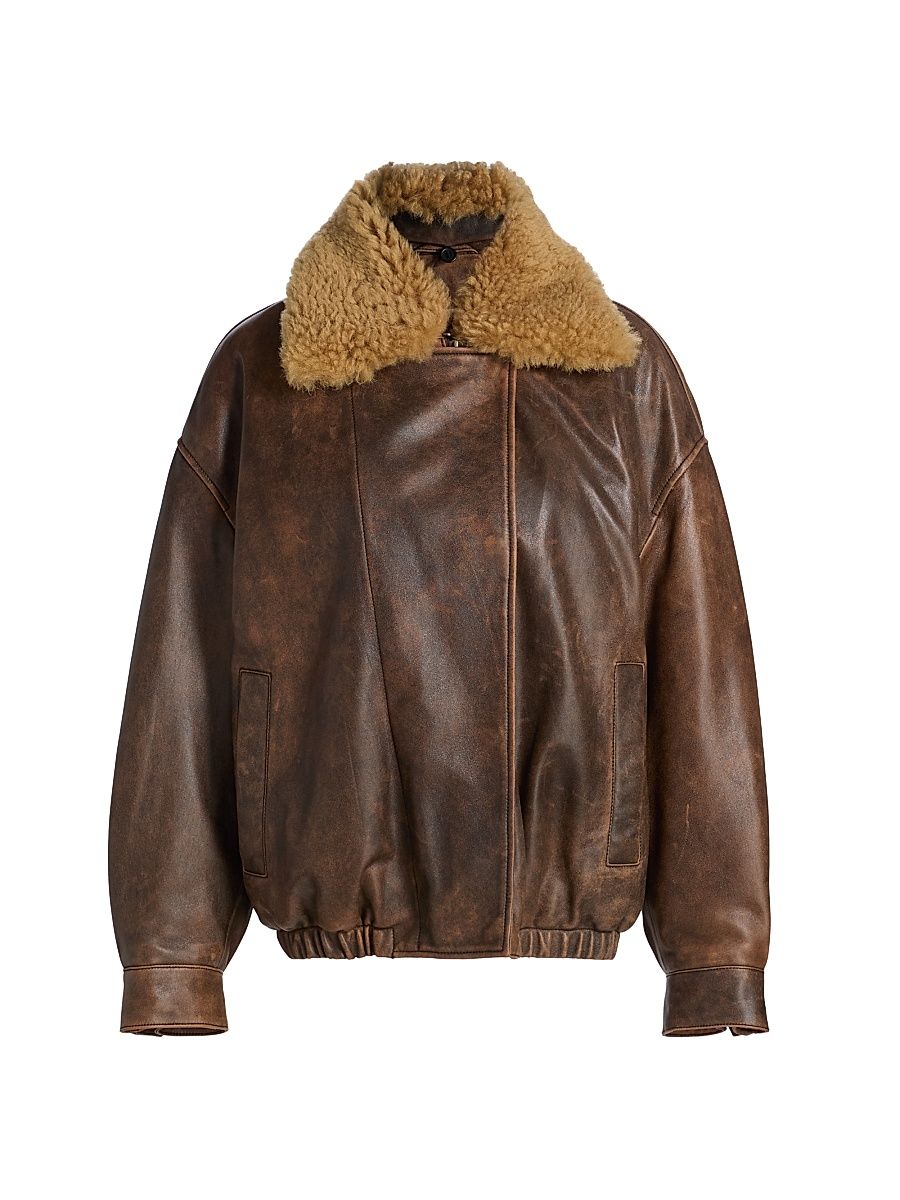Women's Leather Bomber Jacket - Brown - Size Small