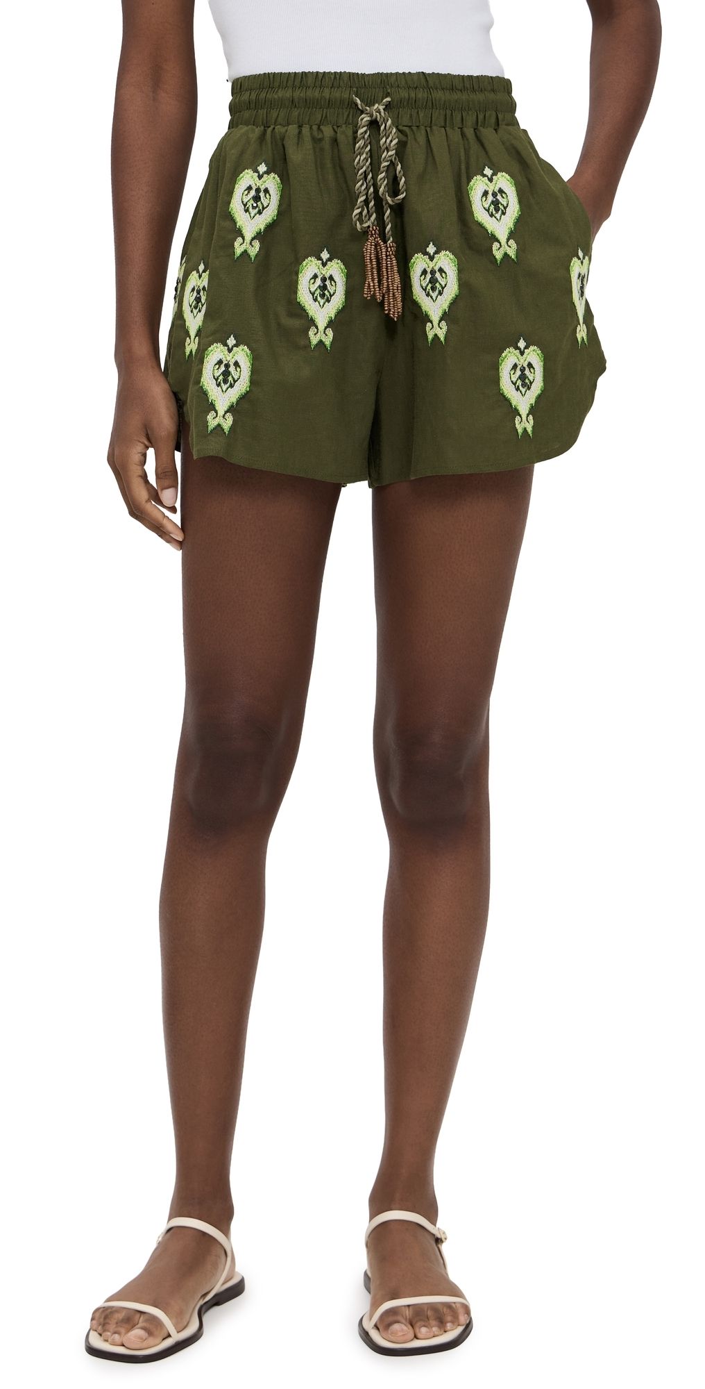 FARM Rio Heart Tapestry Embroidered Shorts Green XS