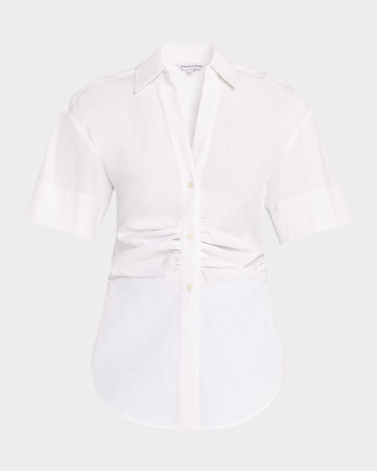 Ruched Button-Down Stretch Cotton Shirt
